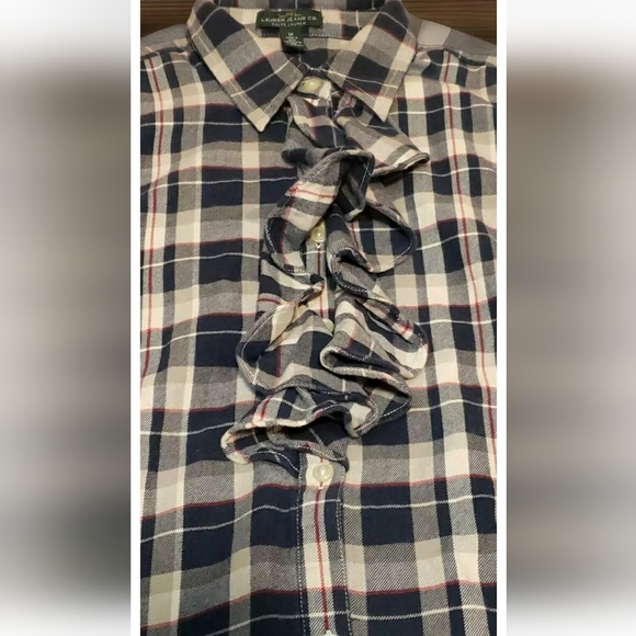 LRL Lauren Jeans Co Ralph Lauren Ruffled Flannel Shirt Ladies M Blue White Red - Picture 2 of 6
